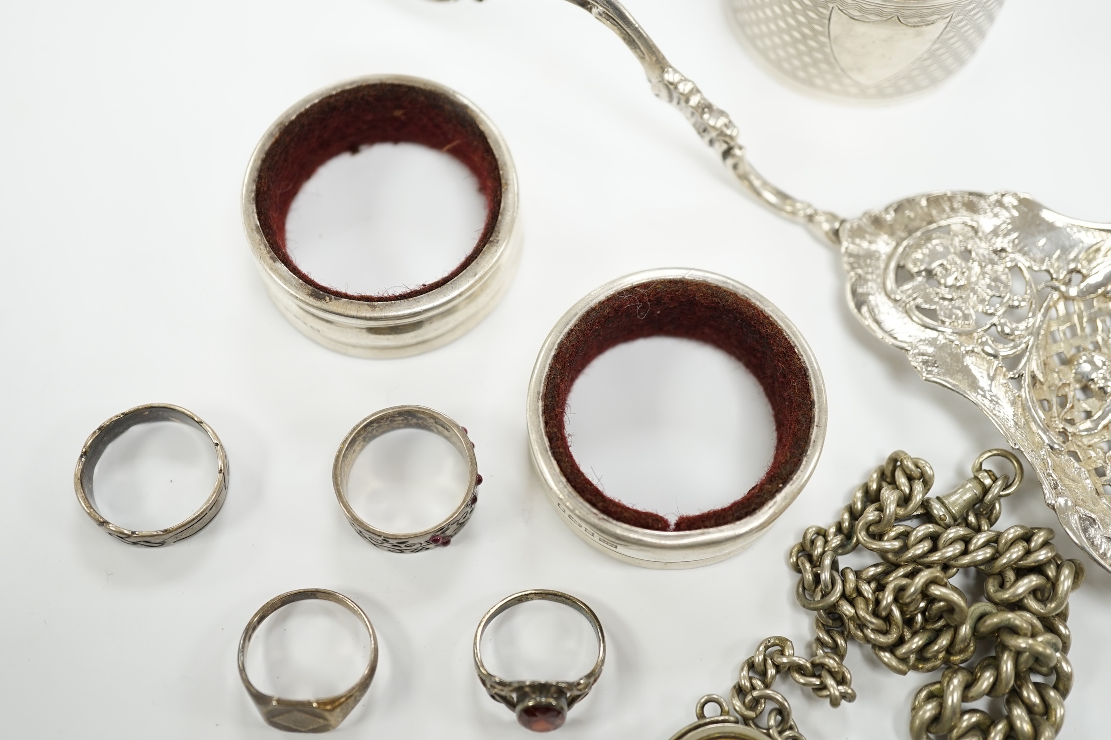 Sundry small silver and white metal items including, napkin ring, continental pierced spoon, etc.